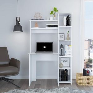 "Modern White Office Desk with Storage Cabinet"