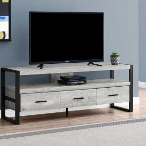 "21.75"" Grey Particle Board Hollow Core & Black Metal TV Stand With 3 Drawers"