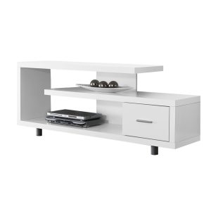 "15.75"" X 60"" X 24"" White Silver Particle Board Hollow Core Metal TV Stand With A Drawer"