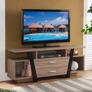 "60"" Brown And Black Particle Board And Mdf Cabinet Enclosed Storage TV Stand"